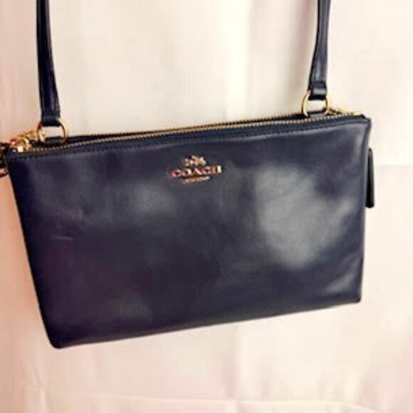 Coach Leather Crossbody Double Zip Bag Navy Blue with Gold Hardware - Picture 1 of 10